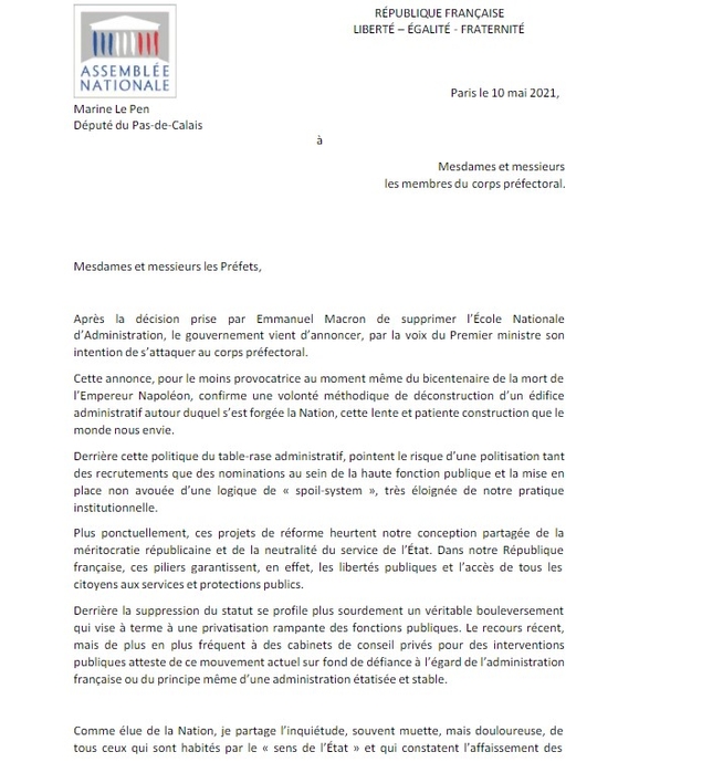 La lettre confidentielle de Marine Le Pen aux préfets