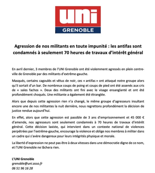 Agression de militants de l’UNI à Grenoble : 3 antifas condamnés à 70 heures de travail d’intérêt général
